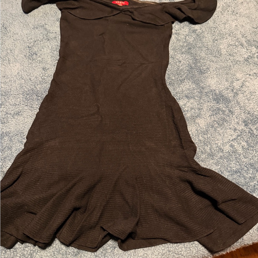 Guess Black Off-Shoulder Ribbed Midi Dress